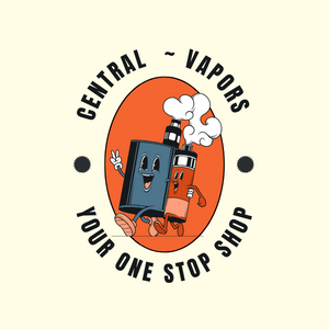 Central Vapors retro cartoon logo - a vape mod and pod walking together over the slogan 'Your One Stop Shop'