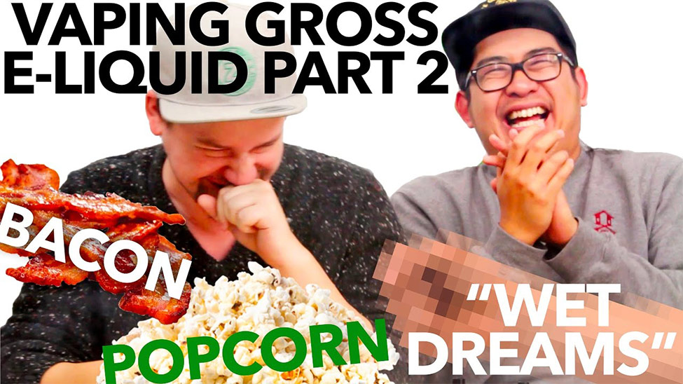 Two YouTubers cracking up while taste-testing gross e-liquid flavors like bacon and popcorn